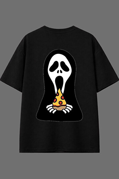 VSRN Tricou oversize negru cu imprimeu pe spate Ghost Pizza Shop Design