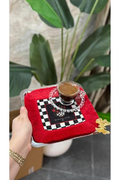 Nef’s Atelier Red Tasseled Coffee Coaster Square 14*14 cm