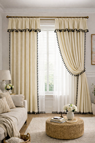 perde plus Linen Look Background Curtain with Colored Black Tassels – Living ...