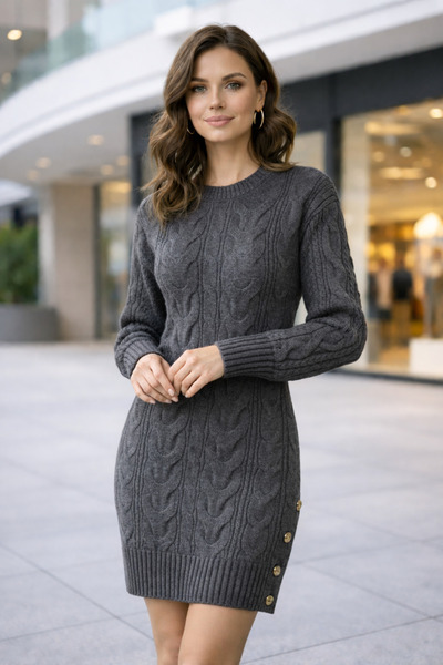 AQE FASHION Women's Knitwear Mini Dress Anthracite Crew Neck Long Sleeve Brai...