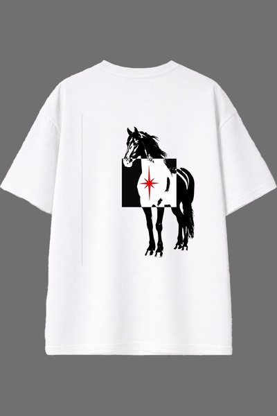VSRN Patterned Horses Design Back Printed White Oversize t Shirt