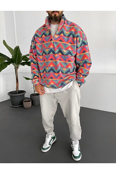 BUPPO Zigzag Patterned Fleece Zippered Collar Oversized Sweatshirt