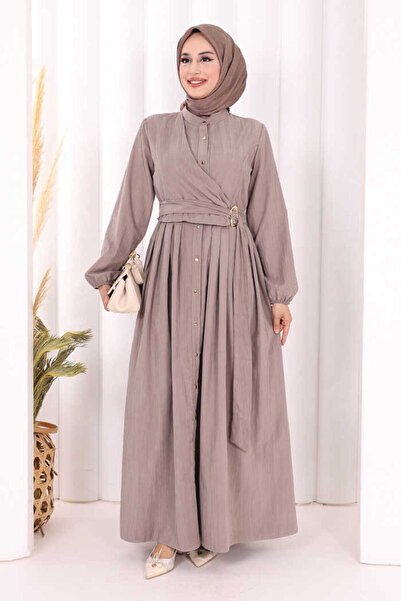 Bym Fashion Broş Detaylı Boydan Düğmeli Elbise 7059 Duman