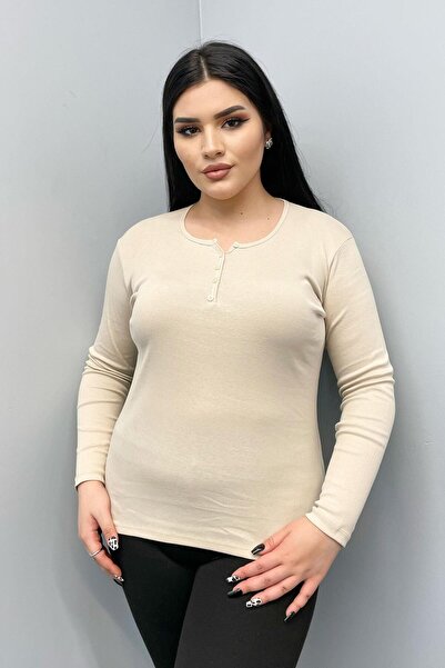 Siyezen Plus Size Button Detailed Cotton Blouse Beige