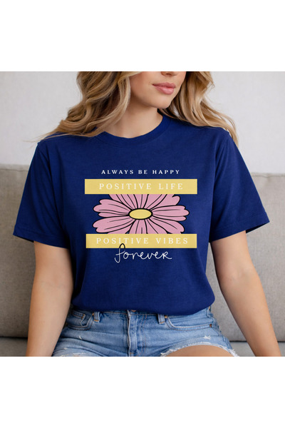 herkesemoda Always Be Happy Print Detailed Basic T-Shirt