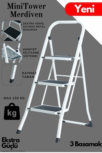 ERTEKPA MiniTower 3 Basamaklı Metal Merdiven - Ekstra Güçlü 150 kg Kapasiteli...