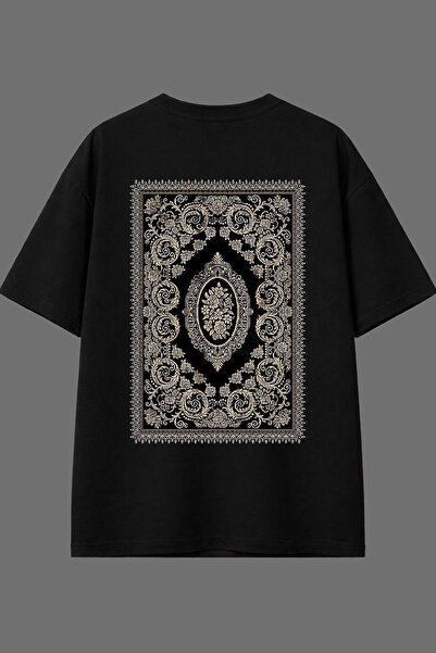 VSRN تي شيرت أسود كبير الحجم بتصميم سجاد إيراني وطباعة خلفية