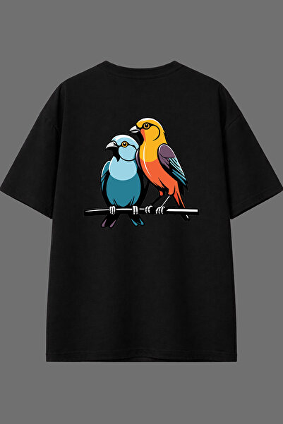 VSRN Tricou oversize negru cu imprimeu pe spate, design Lovebirds