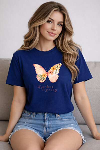 herkesemoda Basic T-Shirt with Butterfly Print Detail