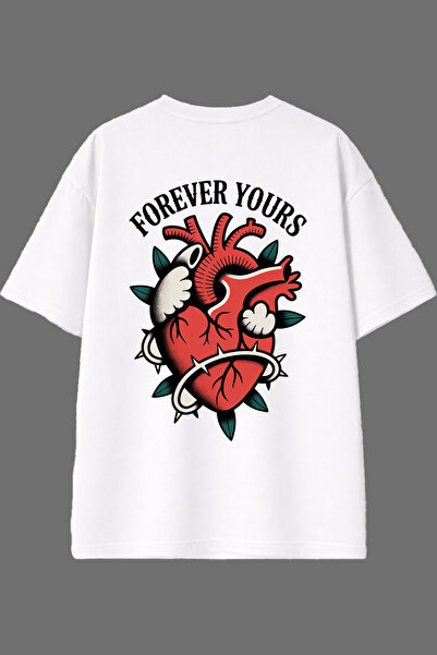 VSRN تي شيرت أبيض كبير الحجم بتصميم قلب 3 مطبوع من الخلف