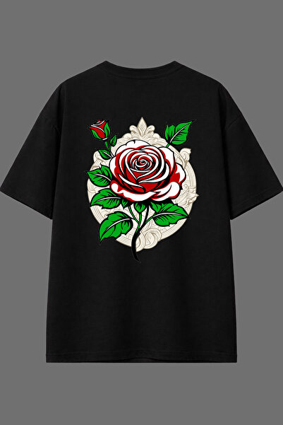 VSRN Tricou oversize negru cu imprimeu pe spate cu design figură trandafir