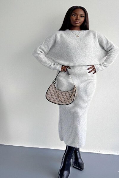 Cockatoo Women's Melaj Gray Bat Sleeve Skirt Ribbed Maxi Length Soft Knitwear...