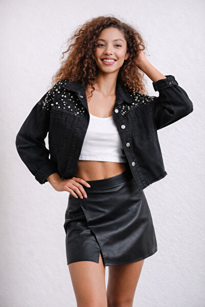 Hatun Atila Pearl and Stone Detailed Long Sleeve Crop Jacket 8565 - Black