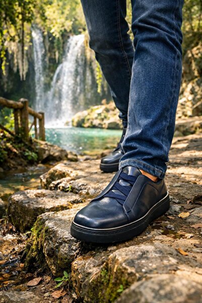 PATRICK CASSA Men's 100% Genuine Calfskin Navy Blue Casual Sneaker Sports Shoes