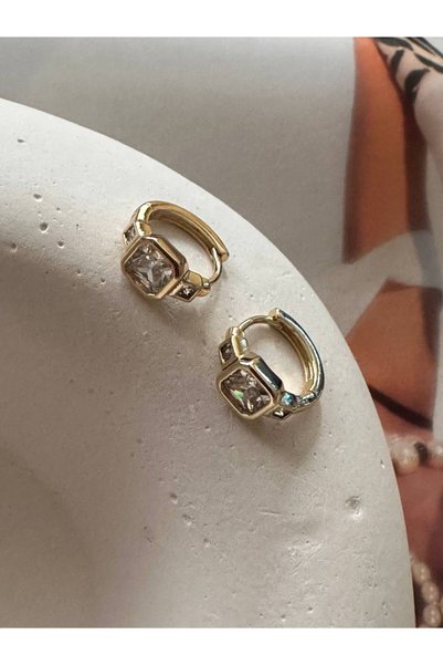 Esmeray Aksesuar Vip Çelik Gold Renk Zirkon Taşlı Halka Küpe Genişlik 1,3 cm.