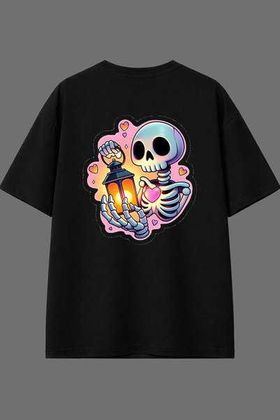 VSRN Tricou oversize negru cu imprimeu pe spate cu design schelet iluminat
