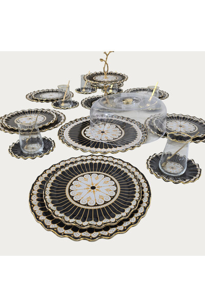 Sudedi Home Çay ve Pasta Sunum Seti Gerçek Altın Yaldızlı 34 Parça 6 Kişilik