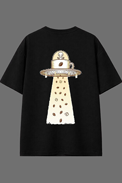 VSRN Tricou negru supradimensionat cu imprimeu pe spate Coffee Seven Alien De...