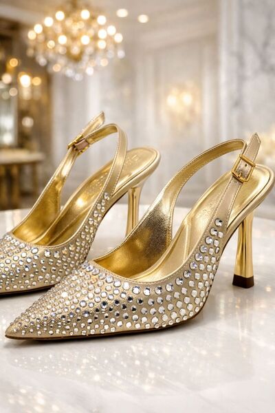 Ajax Gold Taşlı Şık Ortopedik Taban 5 Cm topuk Abiye Aayakkabı