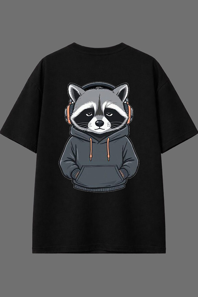 VSRN تي شيرت أسود كبير الحجم بتصميم ديبريسيف راكون مطبوع من الخلف