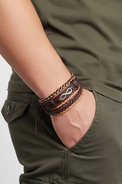 AB Takı Infinity Design Real Leather Bracelet 3 Pieces Multi Color Genuine Le...