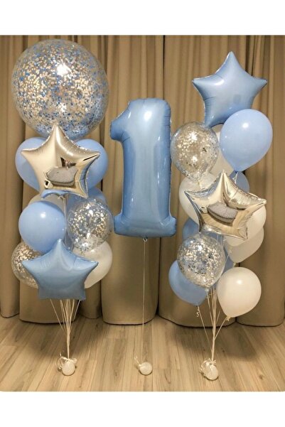Çemrek Süs Parti Blue 1 Year Old Foil Balloon Balloon Bundle Set 26 Pieces