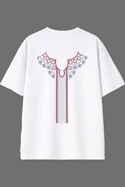 VSRN White Oversize T-Shirt with Gray Pattern Design and Back Print