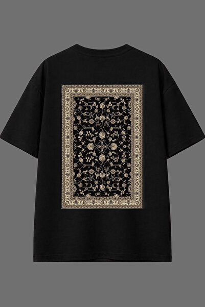 VSRN تي شيرت أسود كبير الحجم بتصميم سجادة تركية قديمة وطباعة خلفية