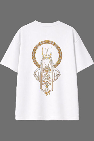 VSRN تي شيرت أبيض كبير الحجم بتصميم شيفالير مخطط باللون الأصفر وطباعة خلفية