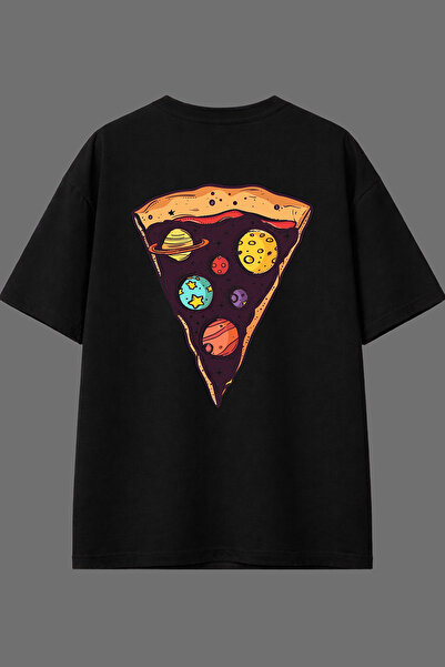 VSRN تي شيرت أسود كبير الحجم بتصميم بيتزا جالاكسي مطبوع من الخلف