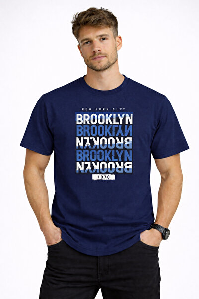 herkesemoda تي شيرت بروكلين الأساسي للرجال بتفاصيل نصية