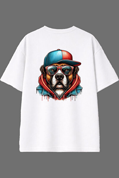 VSRN تي شيرت أبيض كبير الحجم بتصميم كلب مع نظارات وطباعة خلفية