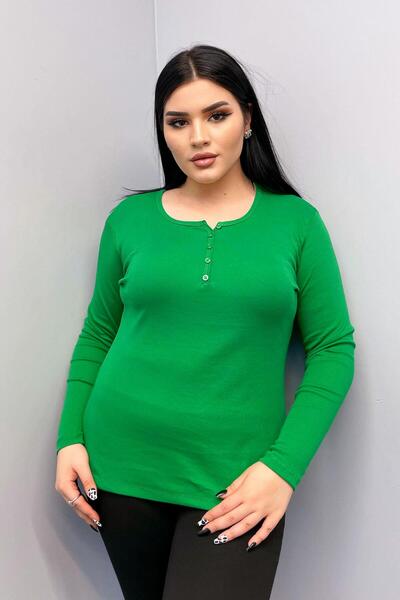 Siyezen Plus Size Button Detailed Cotton Blouse Green
