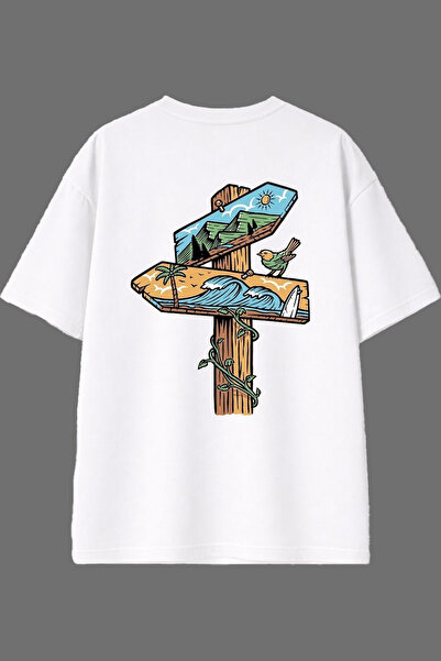 VSRN تي شيرت أبيض كبير الحجم بتصميم لافتة الاتجاهات وطباعة خلفية