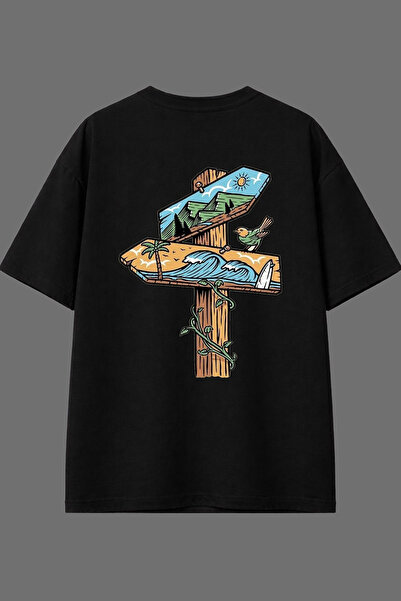 VSRN Tricou oversize negru cu imprimeu pe spate, cu design cu indicatoare de ...