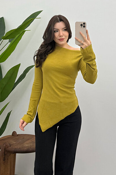 Bipantolon Women's Oil Green Draped Boat Neck Asymmetrical Lycra Knitted Blouse