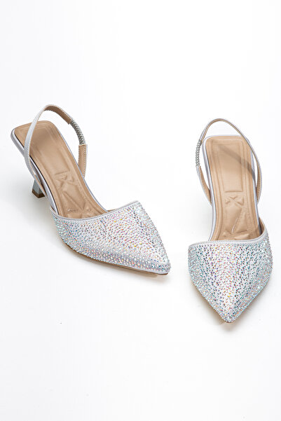 LEMUES SHOES Women's Silver Pointed Toe Classic Heeled Shoes with Stone Detail