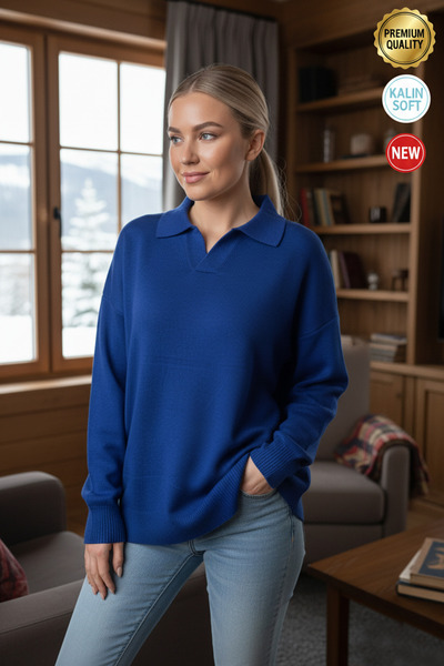 Teenage Millionaire Women's Saks Blue Apaş Polo Collar S-M-L Matching Oversiz...