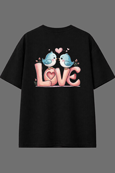 VSRN Μπλουζάκι Love Birds με σχέδιο και στάμπα στην πλάτη, μαύρο, oversized