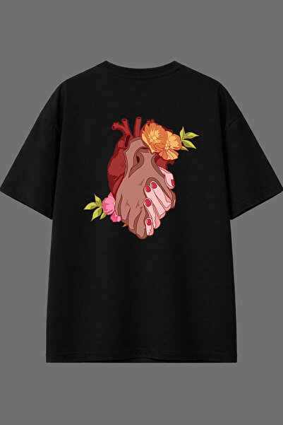 VSRN تي شيرت أسود كبير الحجم بتصميم قلب مطبوع على الظهر