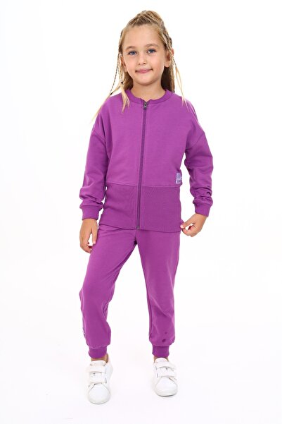 Toontoy Girl's 2-Piece Set Printed Crew Neck Zippered Ribbed Sweatshirt & Rib...