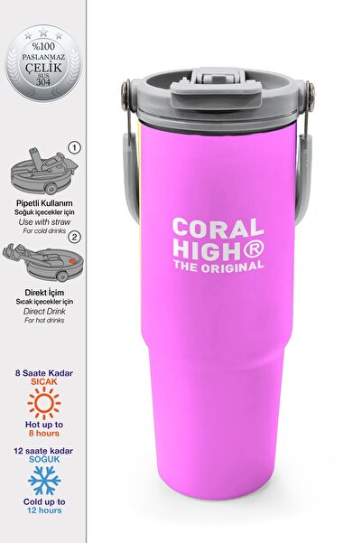 Coral High Colorful Striped Patterned Steel Thermos with Straw and Direct Dri...
