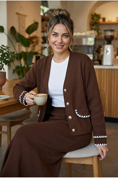 Kirazca Butik Women's Ribbed Knitwear Jacket Skirt Set