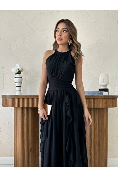 Rabona Fashion Elen Drapeli Şifon Volanlı Halter Yaka Midi Elbise