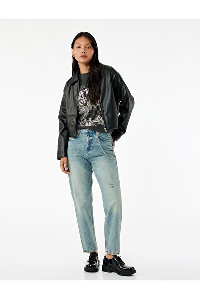 Koton Pantaloni Mom Jean cu talie înaltă, cu model confortabil, cu lanț uzat ...