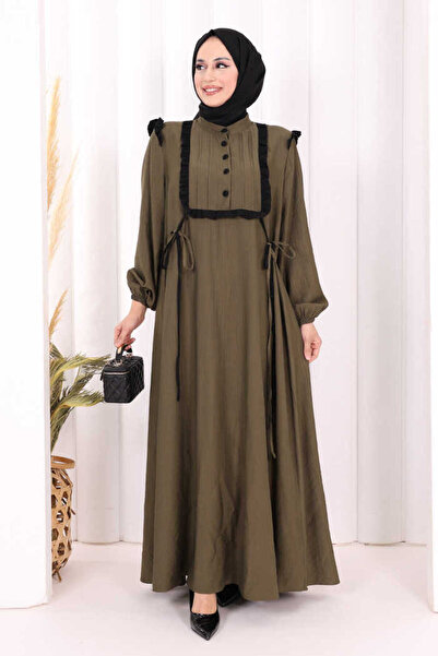 Bym Fashion Bağlamalı ve Fırfır Detaylı Elbise 6064 Haki