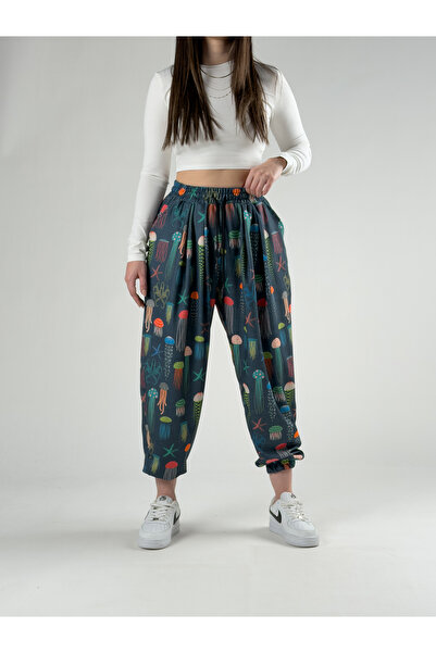 COCOPELLI Colorful Jellyfish Patterned Women's Pleated Jogger Pants Coc2830