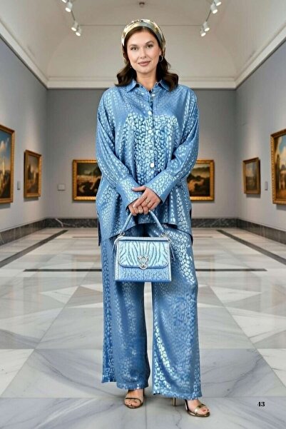 ZISHAN Patterned Satin Shirt and Trousers Set - Oversize Stylish Home & Outdo...