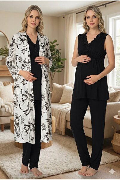 BLACKMORE Women's Black Lace Detailed Patterned Cotton Maternity Pajama Set w...