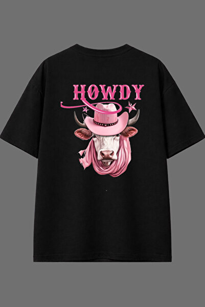 VSRN تي شيرت أسود كبير الحجم بتصميم هاودي مطبوع من الخلف